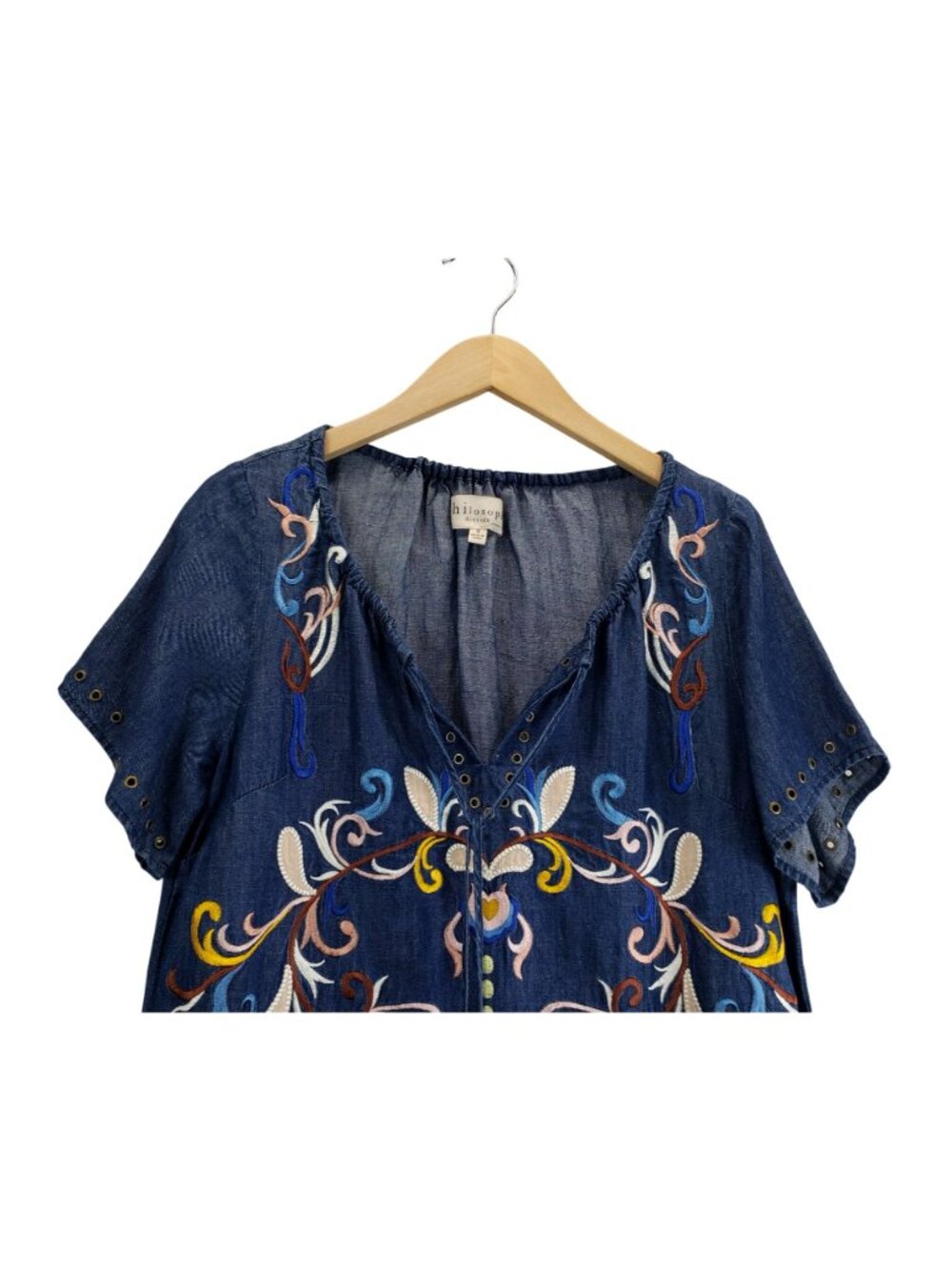 Philosophy Boho Chambray Dress S Blue Floral Embroidery Peasant Tassel Gromets - Picture 14 of 15